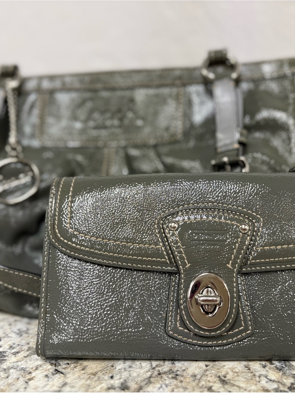 Coach Olive Green Patent Leather Turnlock Wallet